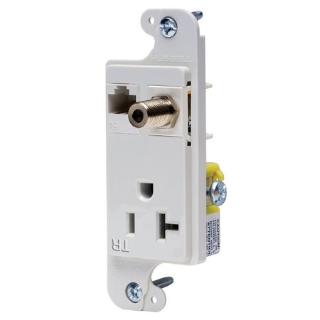 HUBBELL WIRING DEVICE-KELLEMS J-Load Media Outlet, 20A 125V Tamper Resistant Receptacle, Cat 6 Jack, F Coax, Decorator Frame, White RJ620WTR